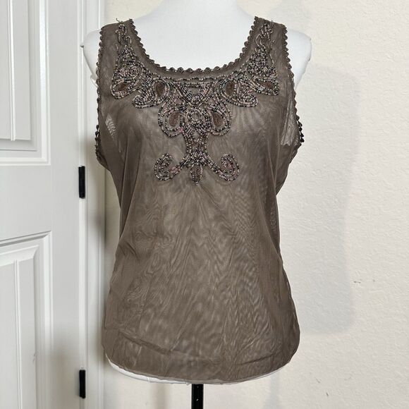Votre Nom taupe Sheer Micro mesh Beaded Boho Tank - Women's Large - Picture 1 of 6